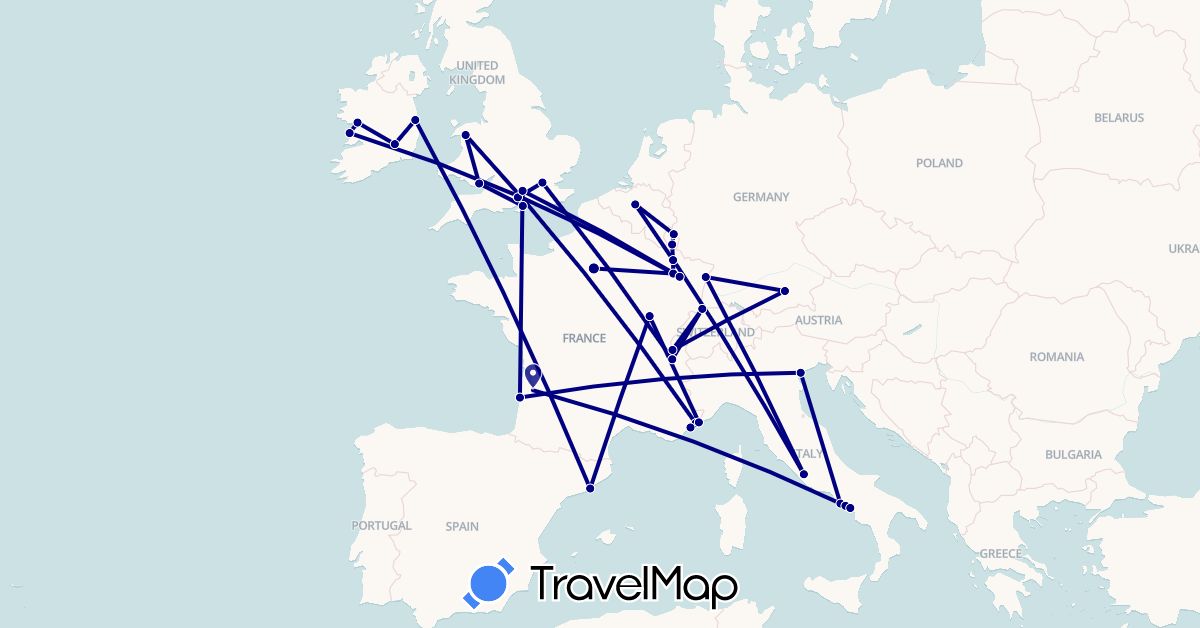 TravelMap itinerary: driving in Belgium, Switzerland, Germany, Spain, France, United Kingdom, Ireland, Italy, Luxembourg, Monaco (Europe)